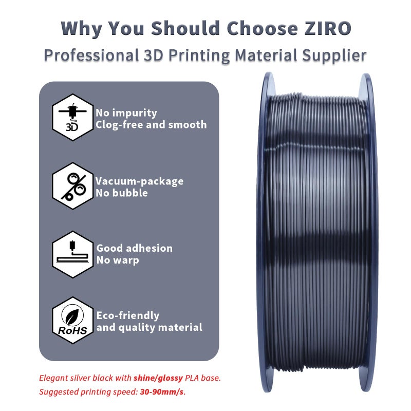 ZIRO 3D Printer Filament, Silky PLA Filament 1.75mm, Shining Silk 3D Printing Material, Dimensional Accuracy +/- 0.03mm, Fit Most Printers, Metal Glossy 1KG/2.2lb Spool, Silver Black - Image 2